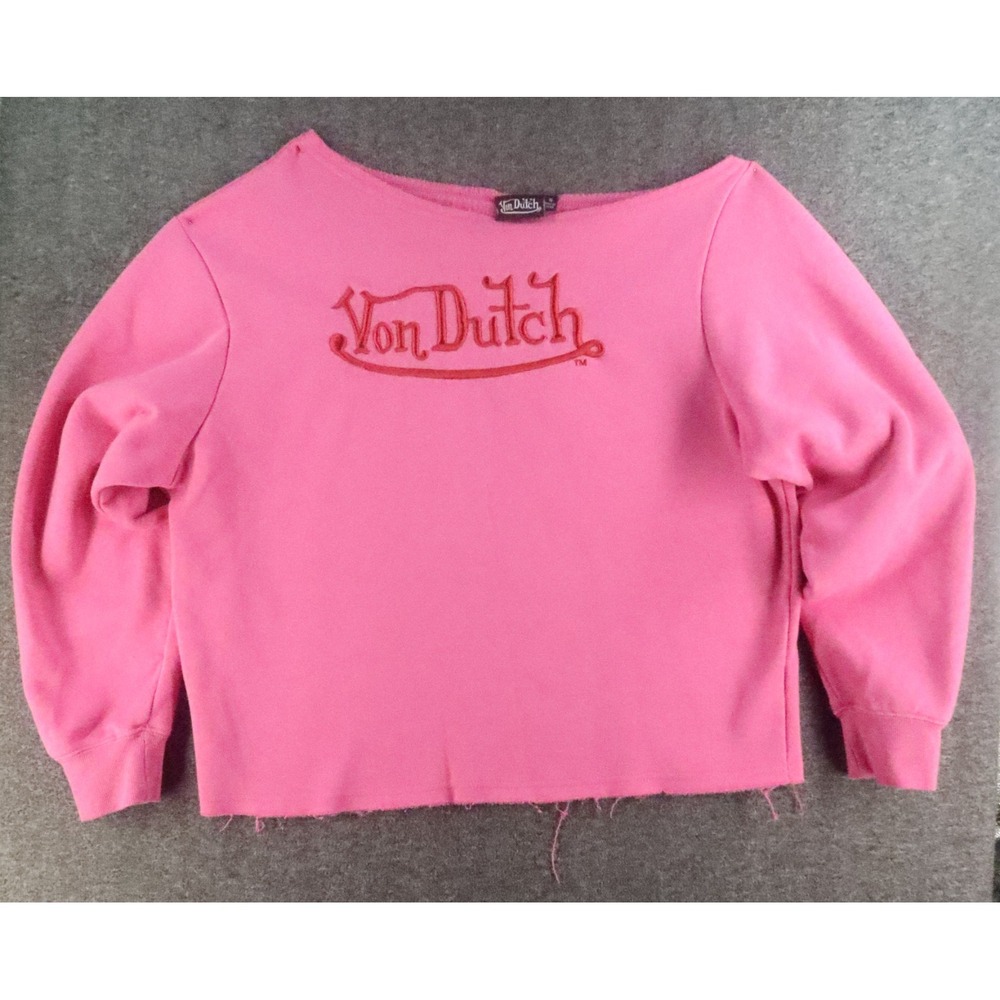 Von Dutch Women's Pink LS One-Shoulder Crop Sweatshirt Large Spell-Out Logo NWT